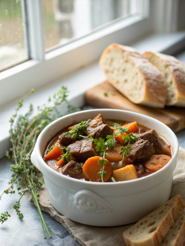 A delicious Dutch Oven Beef Stew artfully presented for serving