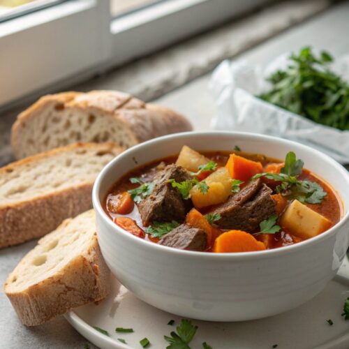 Steaming hot veggie beef stew crockpot, captured in a bowl with a sprinkle of parsley.