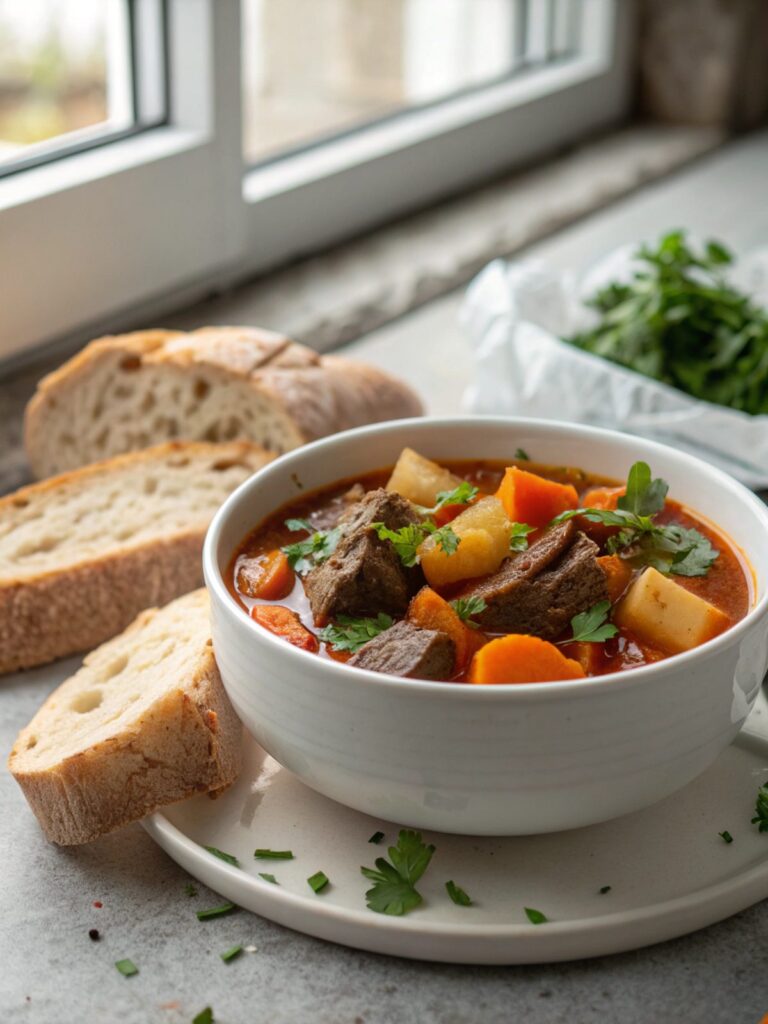 Steaming hot veggie beef stew crockpot, captured in a bowl with a sprinkle of parsley.