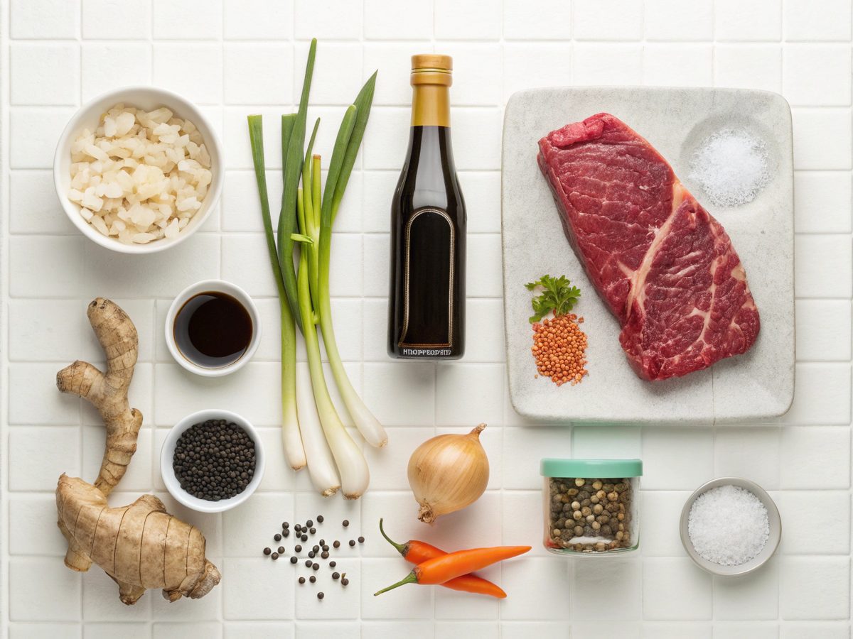 Vibrant flat lay of Korean Beef Bulgogi Recipe ingredients including beef, soy sauce, and vegetables
