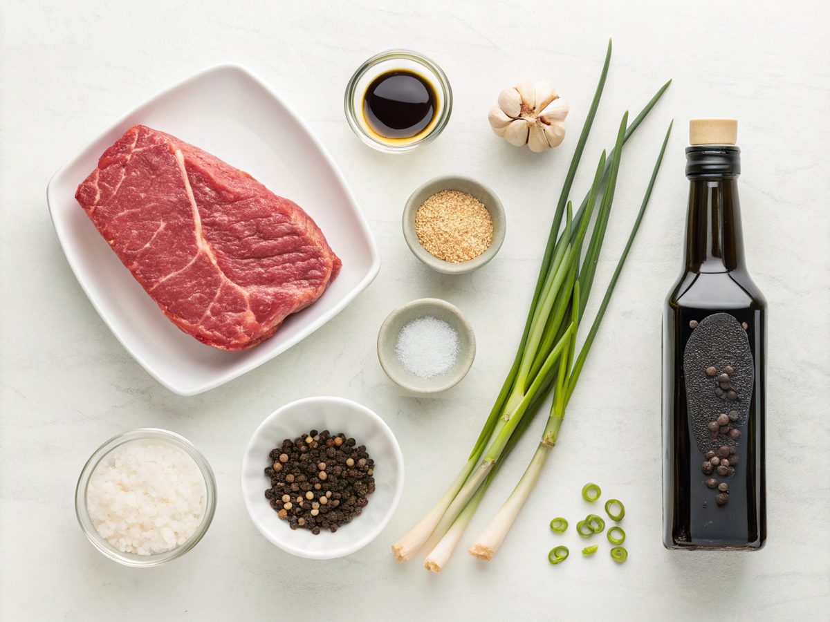Flat lay image illustrating the ingredients for Korean Beef Bulgogi recipe