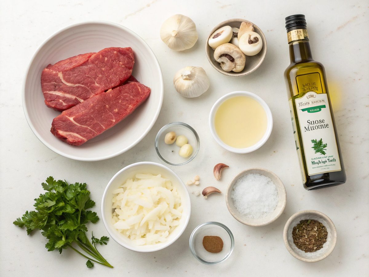 Illustration showing ingredients for Sirloin Stroganoff Recipe including beef sirloin and mushrooms.