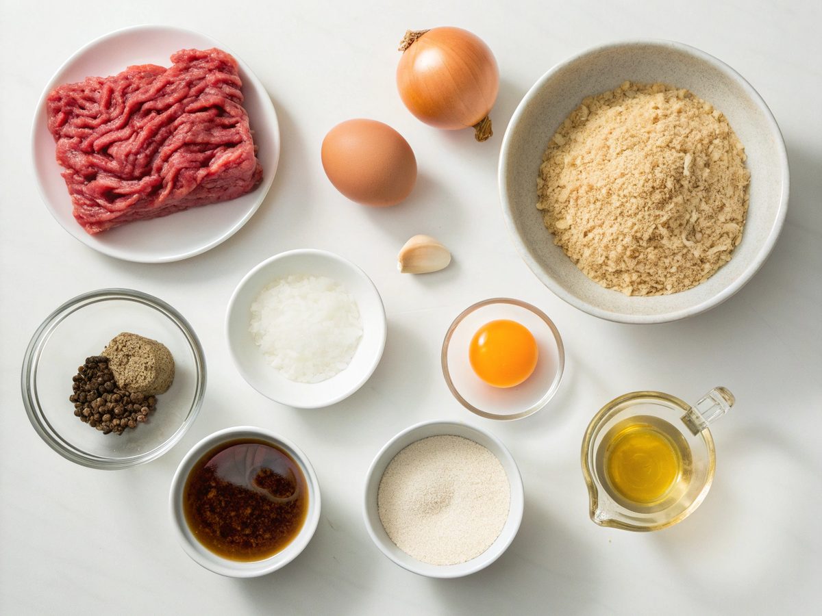Flat lay of hamburger steak patties ingredients displayed on a kitchen counter