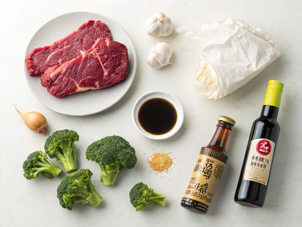Illustration showing all ingredients for a tender beef and broccoli recipe laid out.