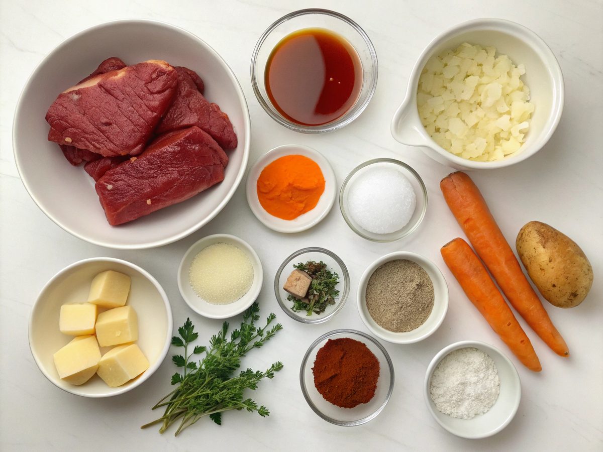 Ingredients for slow cooker beef stew with dumplings laid out on a kitchen counter