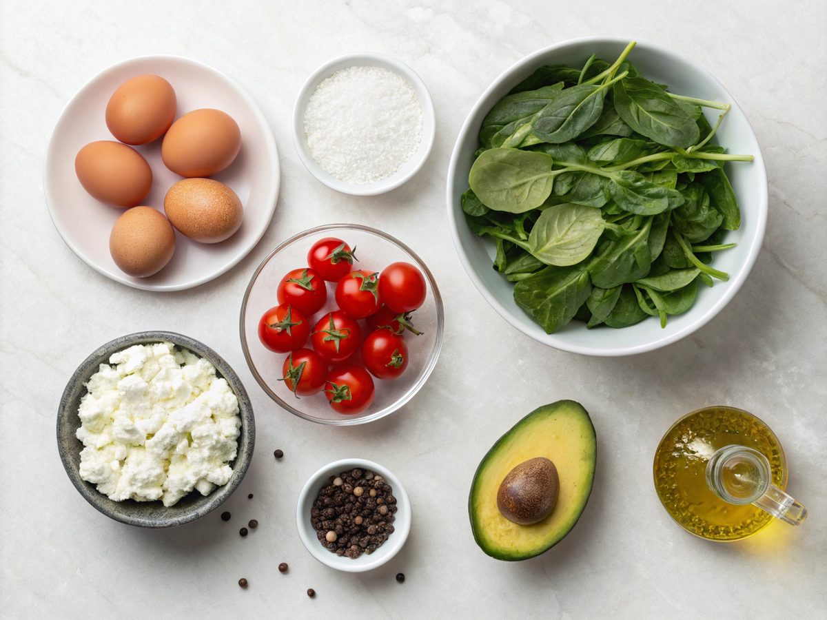 Ingredients for 30g protein breakfast recipes, featuring a healthy selection
