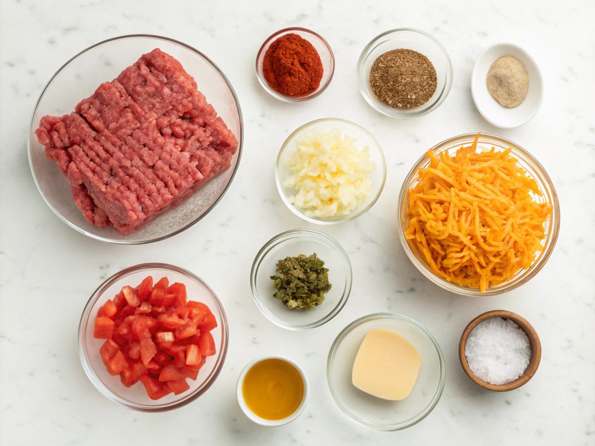 Flat lay of ingredients for making a cheesy ground beef skillet