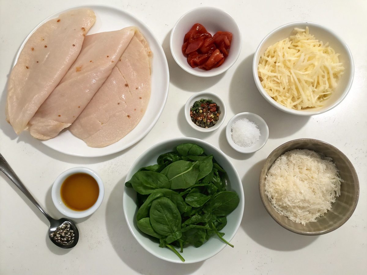 Ingredients for air fryer chicken mozzarella wraps, including chicken, mozzarella, and more.