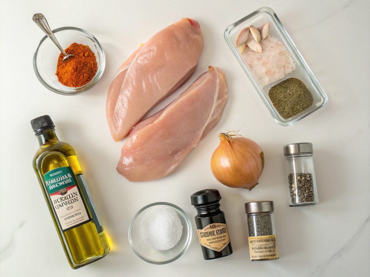 Ingredients for air fryer shredded chicken breast recipe, featuring spices and olive oil.