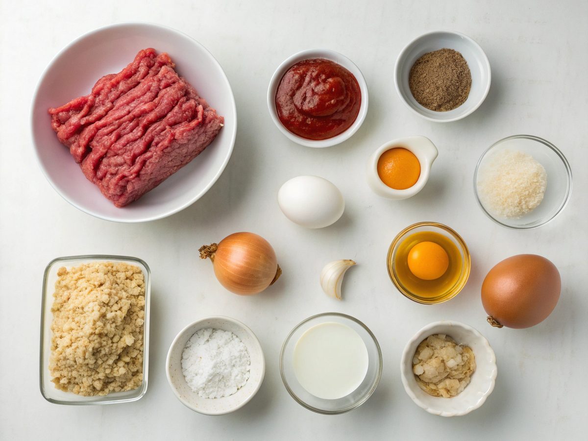 All beef meatloaf recipe ingredients laid out on a table.