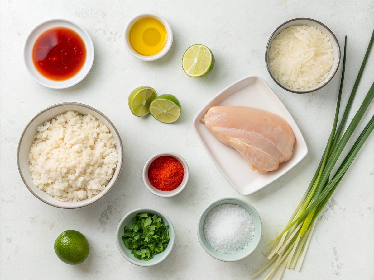 Ingredients laid out for Bang Bang Chicken Bowl Recipe, including chicken, sauces, and garnishes