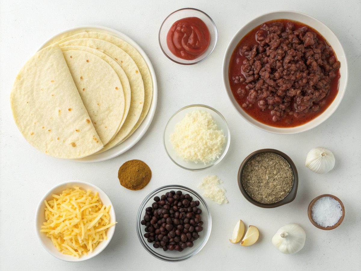 A display of all the ingredients required for making beef enchilada casserole, including tortillas, beef, cheese, and sauce.