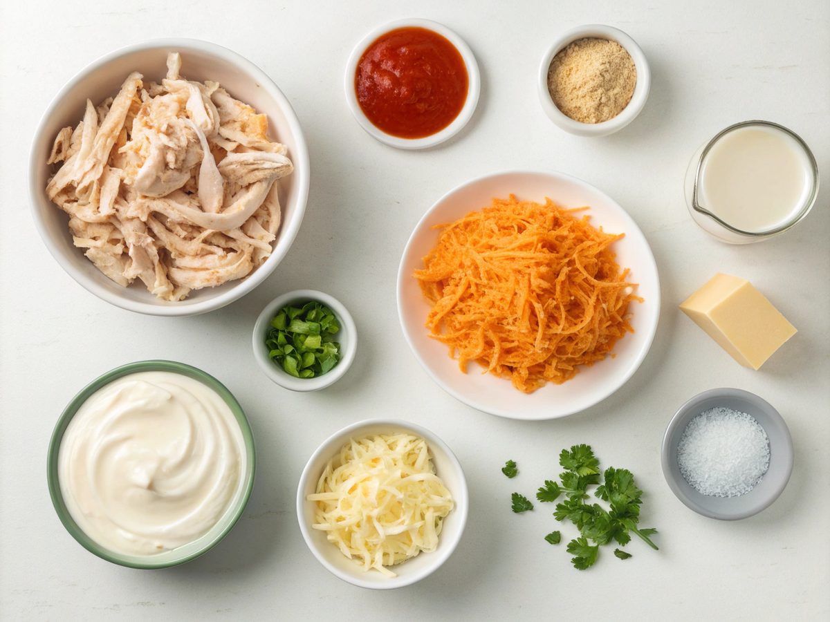 Flat lay of all ingredients needed for a Buffalo Chicken Dip recipe.