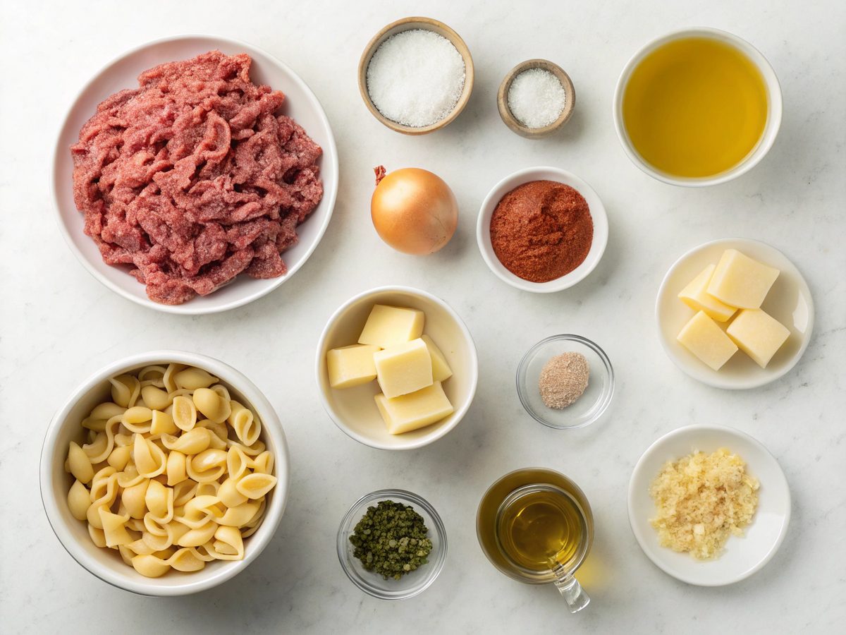 Ingredients needed to make the creamy beef and shells recipe