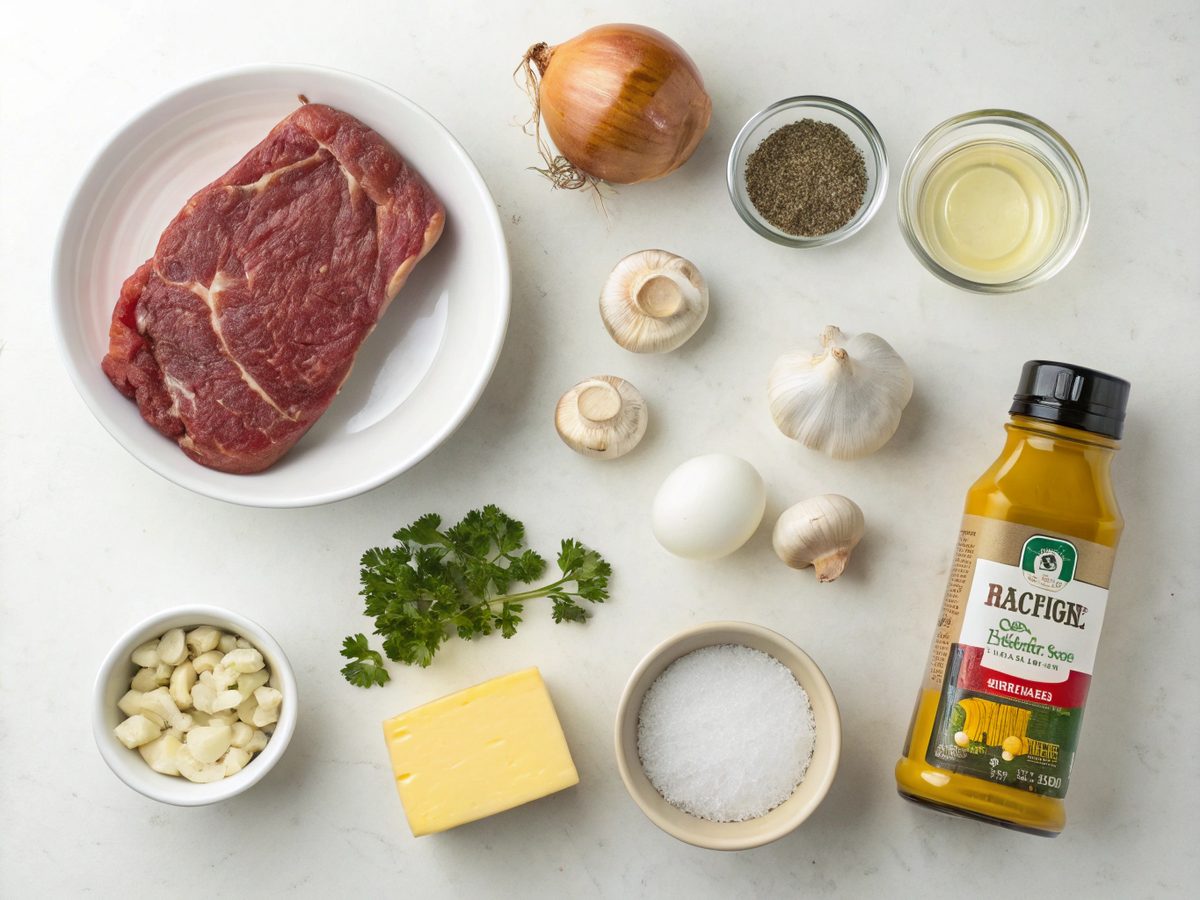 Visual presentation of ingredients for creamy beef stroganoff, including beef, butter, onion, mushrooms, and sour cream.