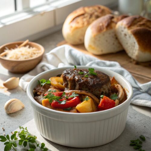 Featured image of Amish Hamburger Steak Bake straight out of the oven
