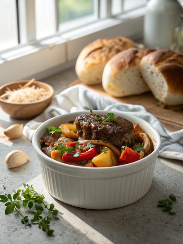 Featured image of Amish Hamburger Steak Bake straight out of the oven