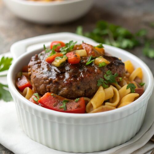 Featured image of a delicious Amish Hamburger Steak Bake, ready to serve.