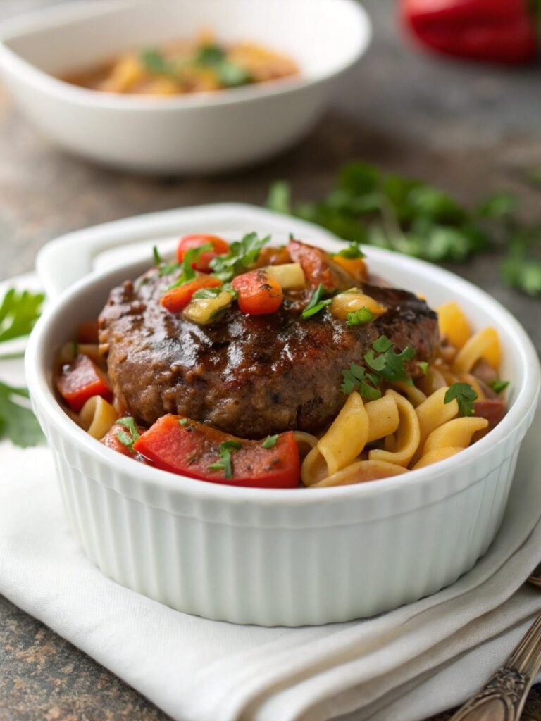 Featured image of a delicious Amish Hamburger Steak Bake, ready to serve.