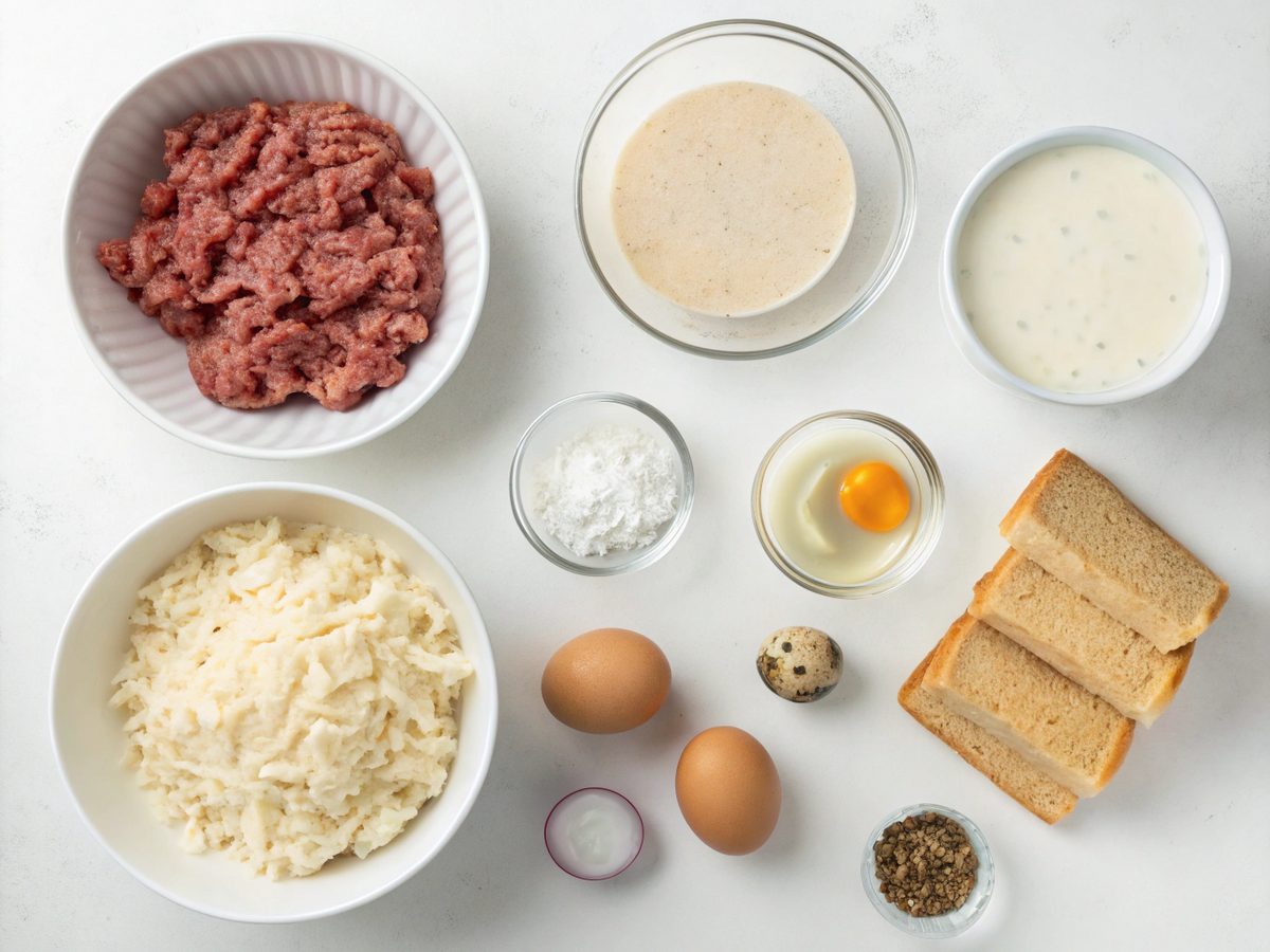 Ingredients for Amish Hamburger Steak Bake laid out on a kitchen counter.