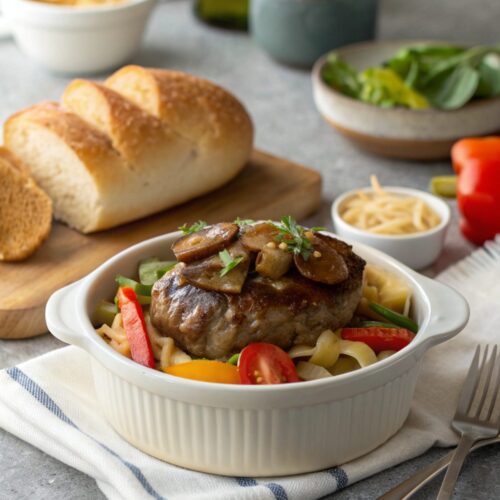 Close up view of finished Amish Hamburger Steak Bake