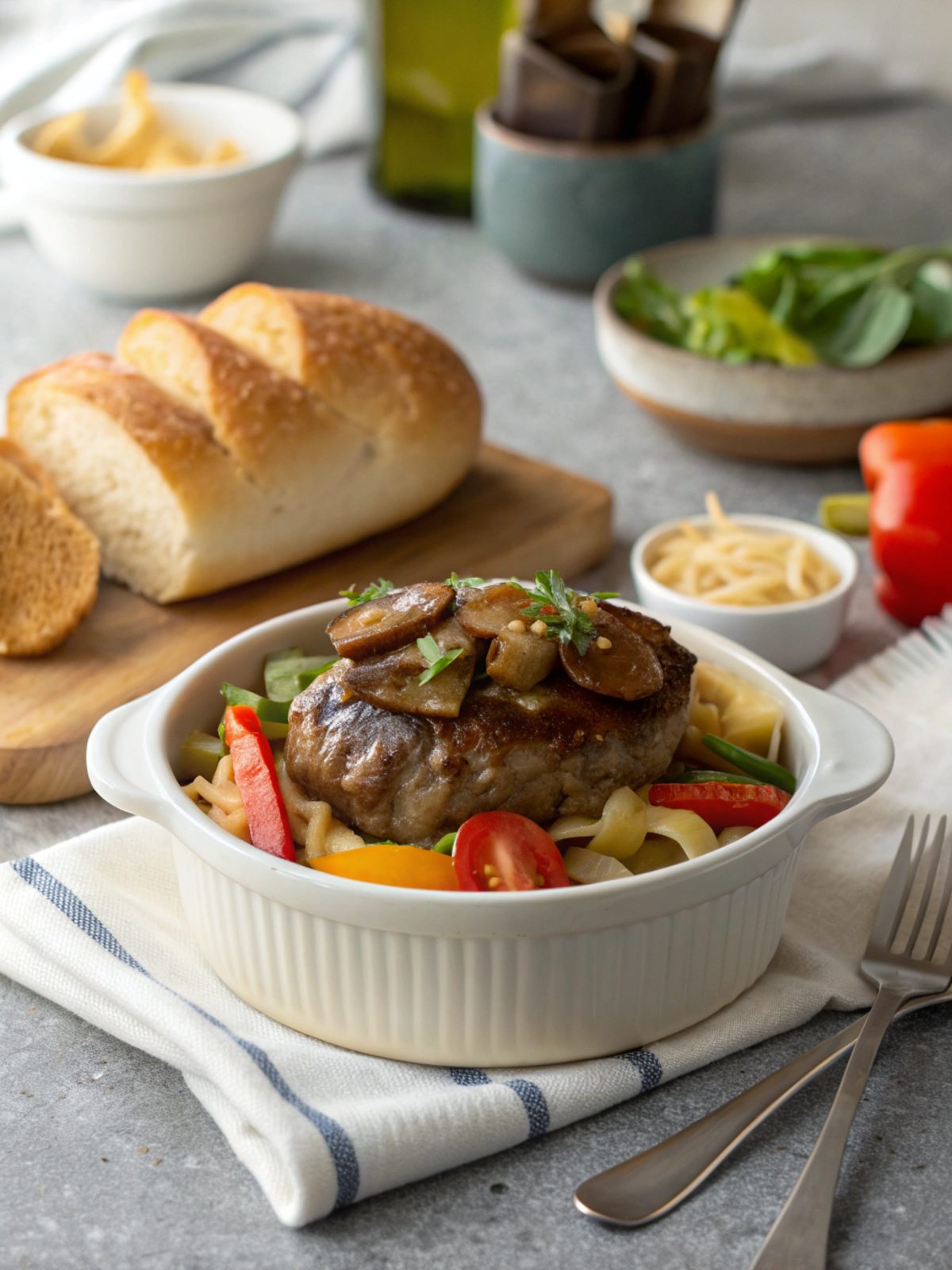 Close up view of finished Amish Hamburger Steak Bake