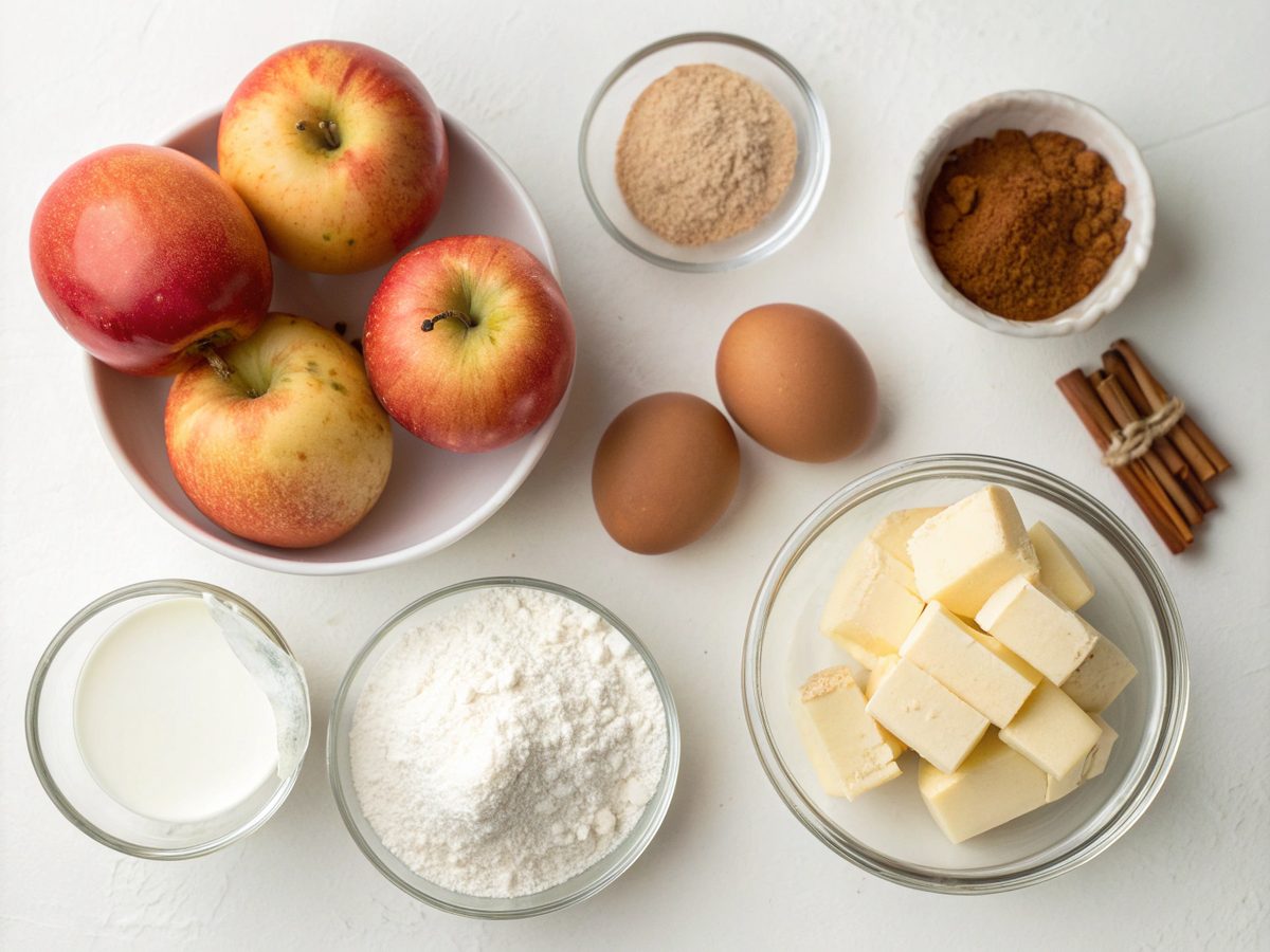 Flat lay of apple cinnamon bread ingredients including apples, flour, and cinnamon.