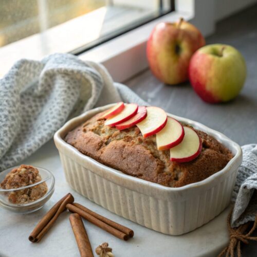 A flavorful apple cinnamon bread served on a rustic table.