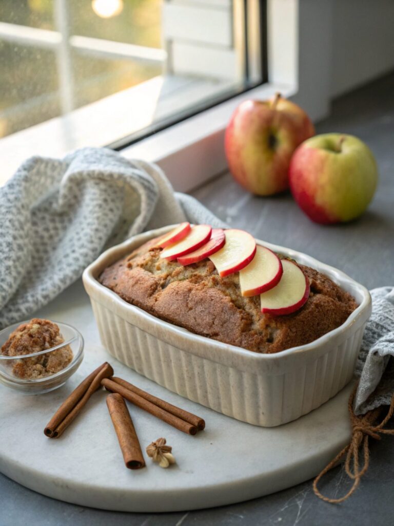 A flavorful apple cinnamon bread served on a rustic table.
