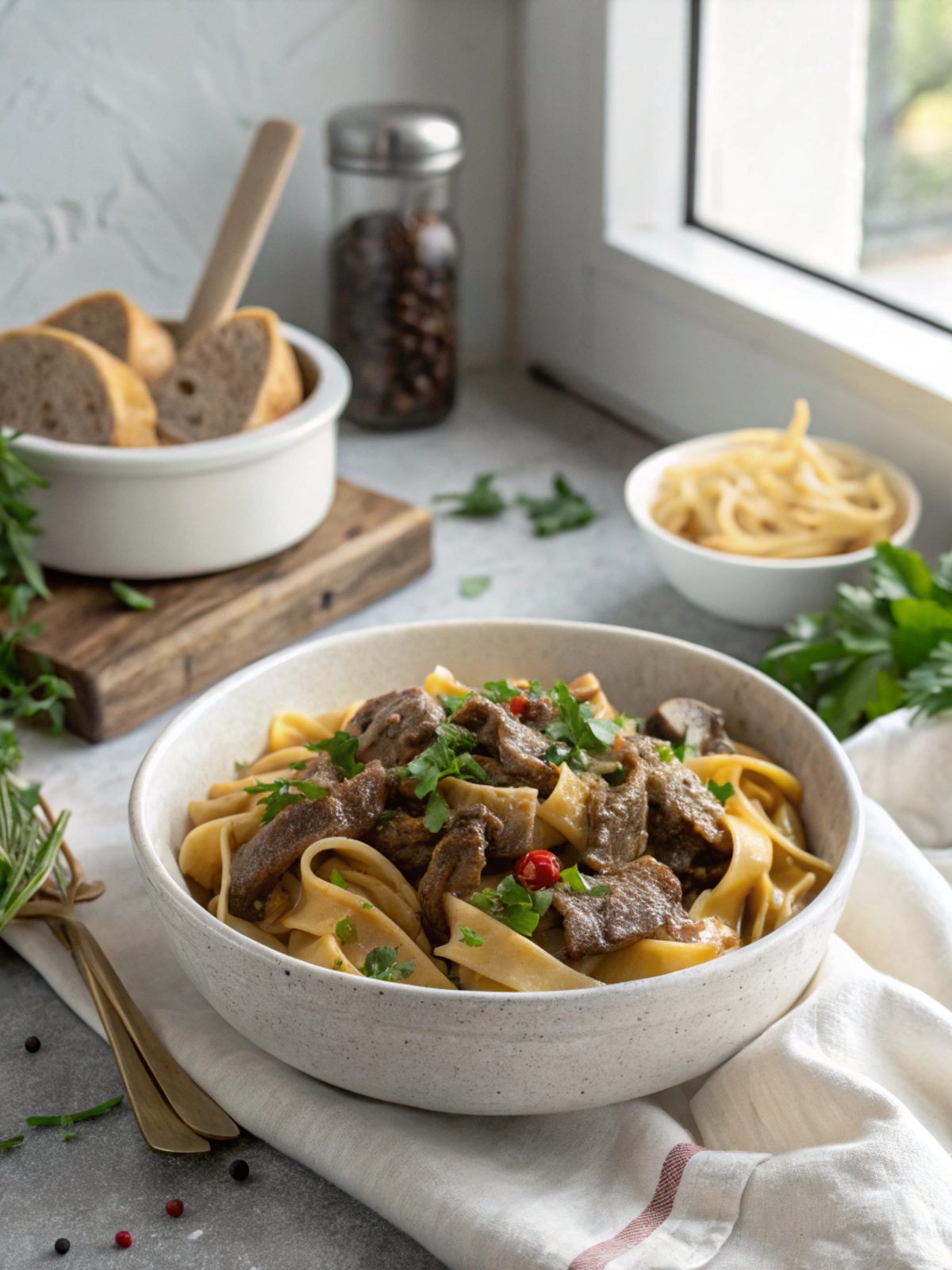 A delectable serving of authentic beef stroganoff recipe in a white bowl