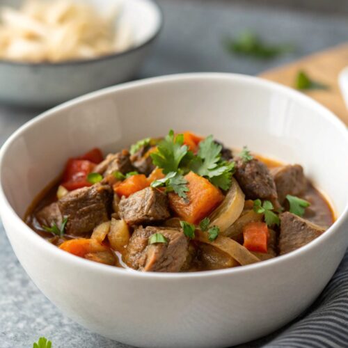 Close-up view of delicious carne guisada in a bowl, garnished with fresh cilantro.