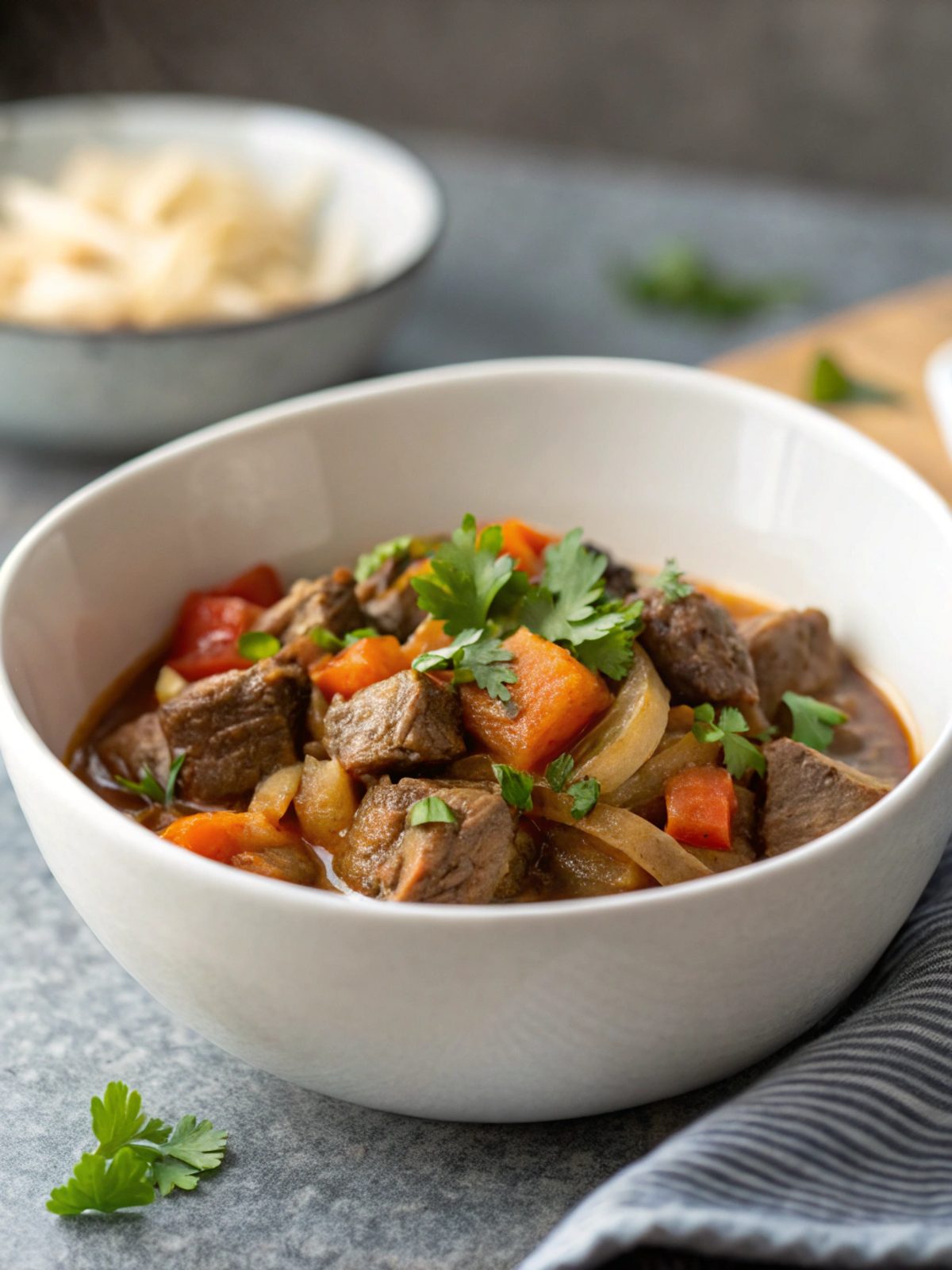 Close-up view of delicious carne guisada in a bowl, garnished with fresh cilantro.