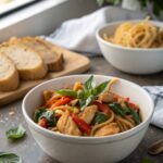 Thai Basil Chicken served in a white bowl, highlighting the delicious chicken and basil.