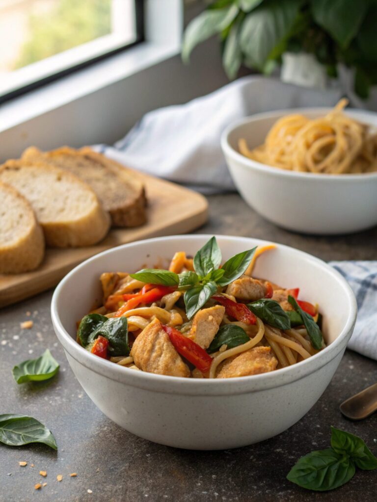 Thai Basil Chicken served in a white bowl, highlighting the delicious chicken and basil.