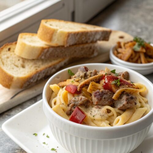 Featured image showing Bacon Cheeseburger Alfredo Pasta served in a plate