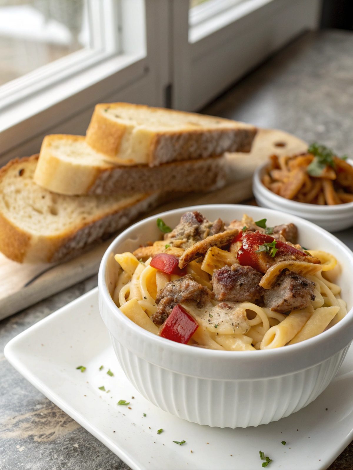 Featured image showing Bacon Cheeseburger Alfredo Pasta served in a plate