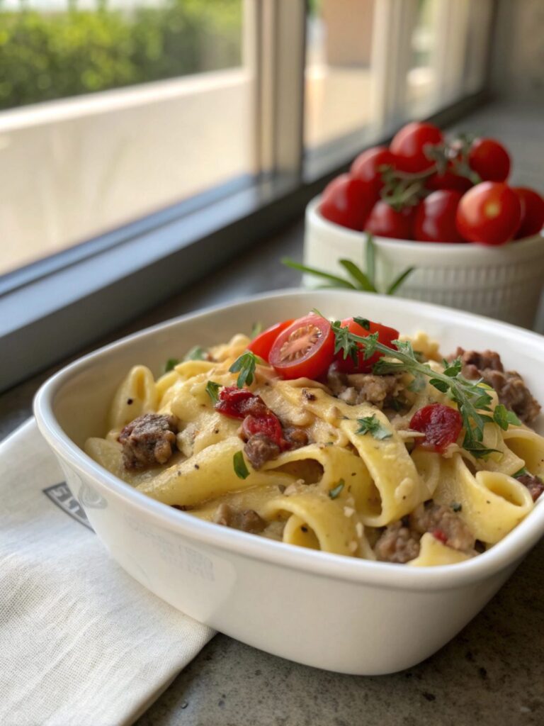 A scrumptious bowl of Bacon Cheeseburger Alfredo Pasta ready to serve.