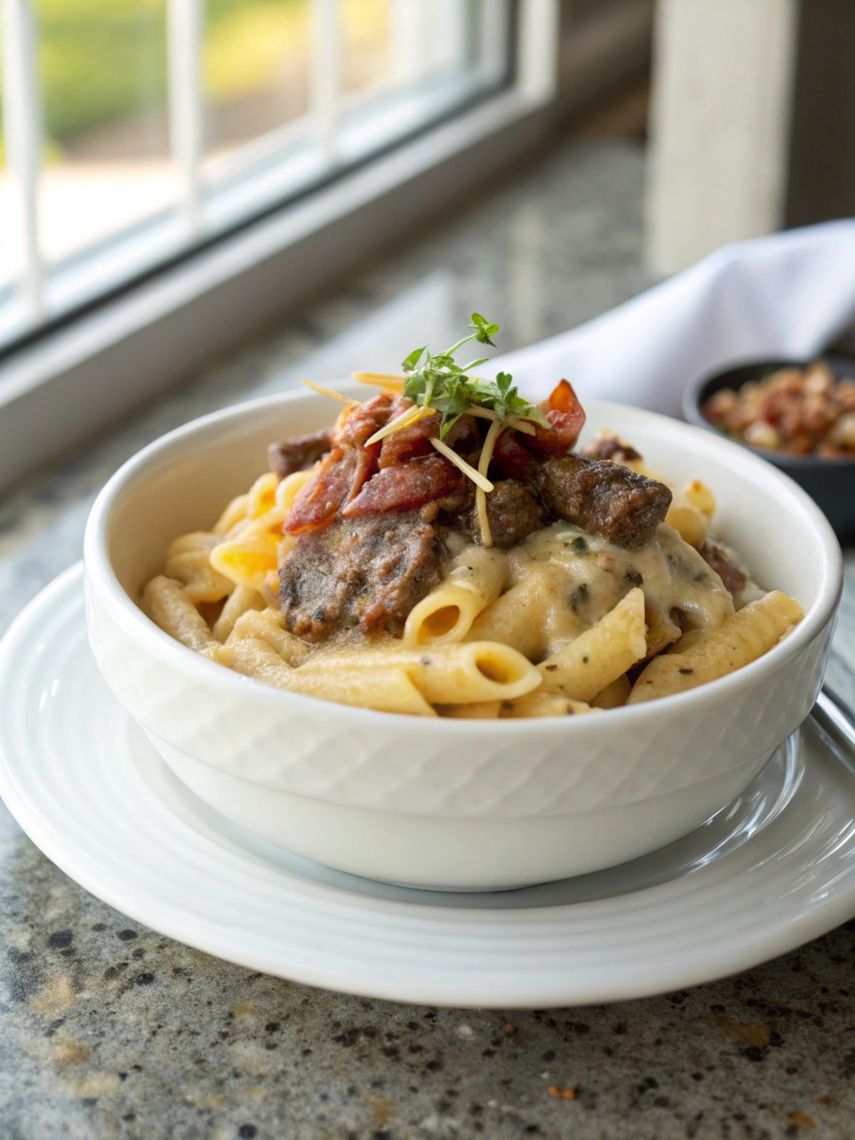 A delectable Bacon Cheeseburger Alfredo Pasta served with garnish