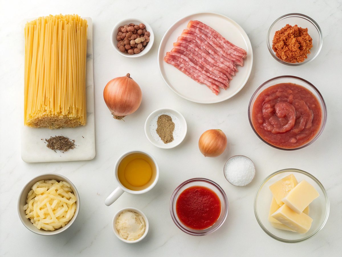 Ingredients for making bacon cheeseburger pasta, including pasta, bacon, beef, cheese, and more.