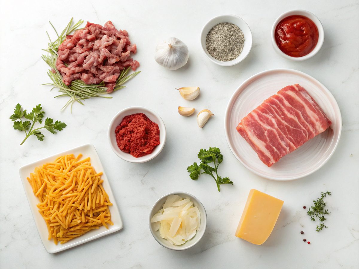An overhead view of ingredients for Bacon Cheeseburger Pasta