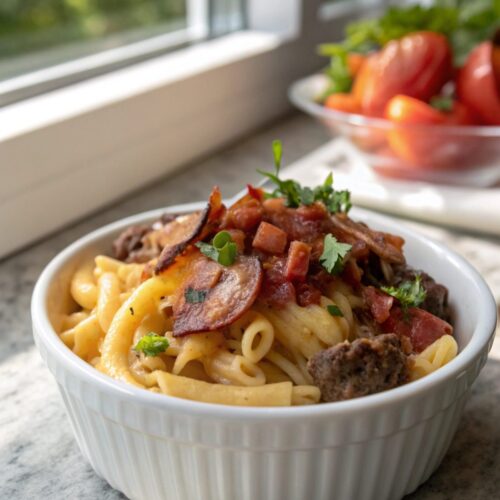 Featured image of Bacon Cheeseburger Pasta in a serving bowl.