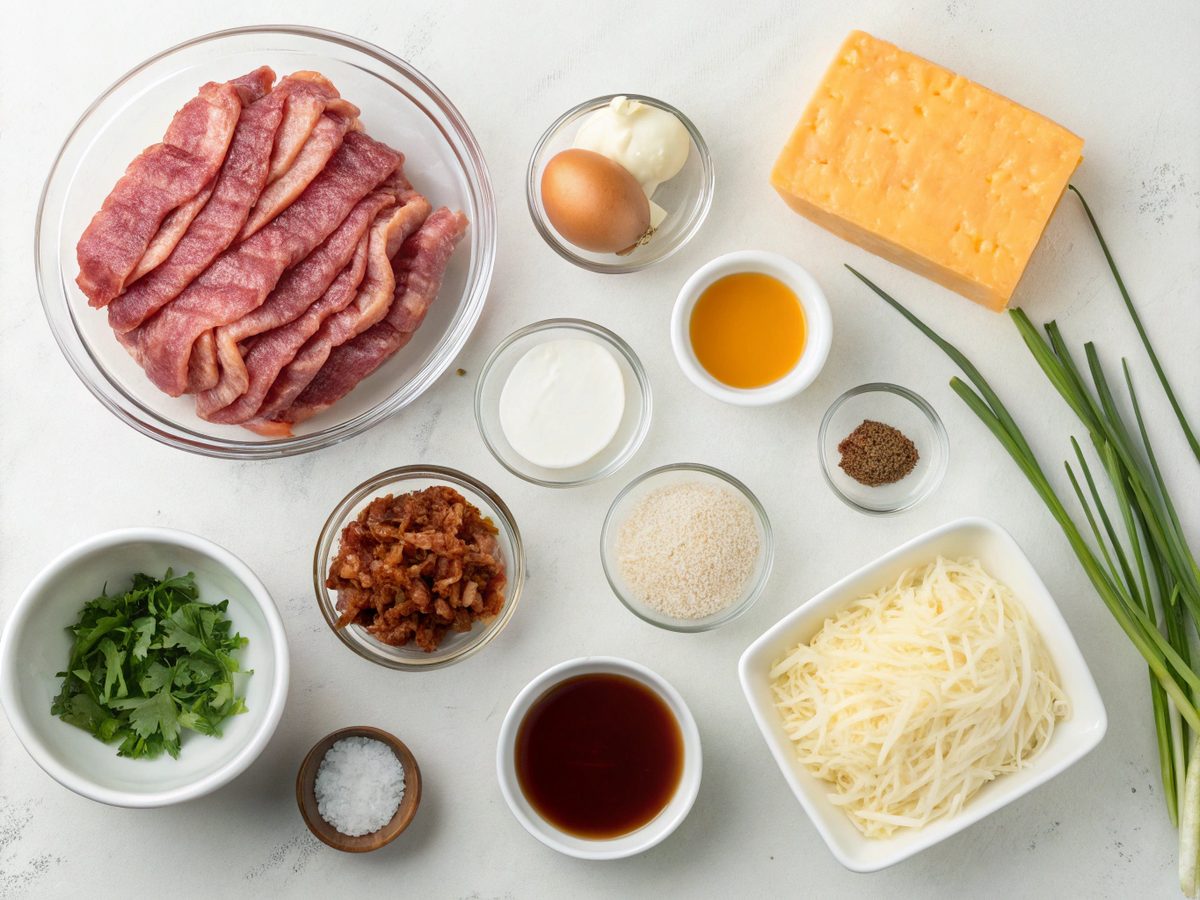 Bacon Cheeseburger Soup ingredients displayed on a kitchen counter.