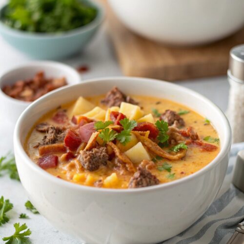 Featured image of Bacon Cheeseburger Soup, comforting and delicious.