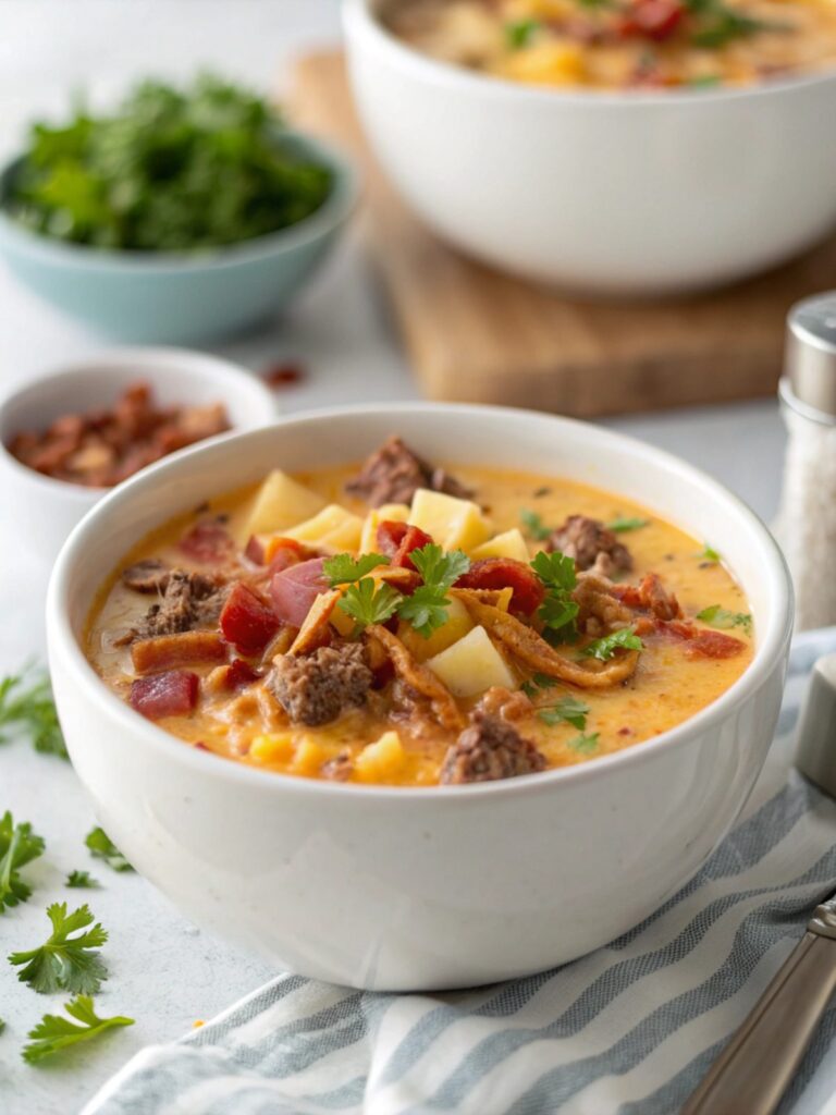 Featured image of Bacon Cheeseburger Soup, comforting and delicious.
