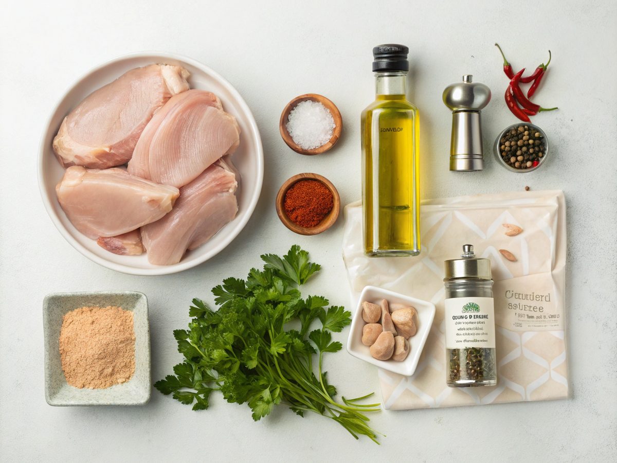 Ingredients for baked boneless skinless chicken thighs including oil and spices