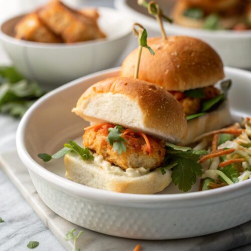 Close-up of tasty bang bang chicken sliders with sauce.