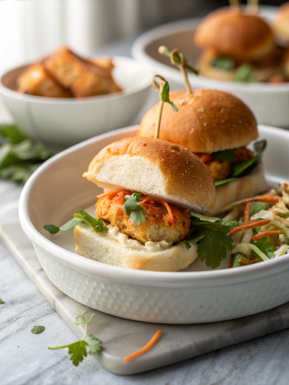 Close-up of tasty bang bang chicken sliders with sauce.