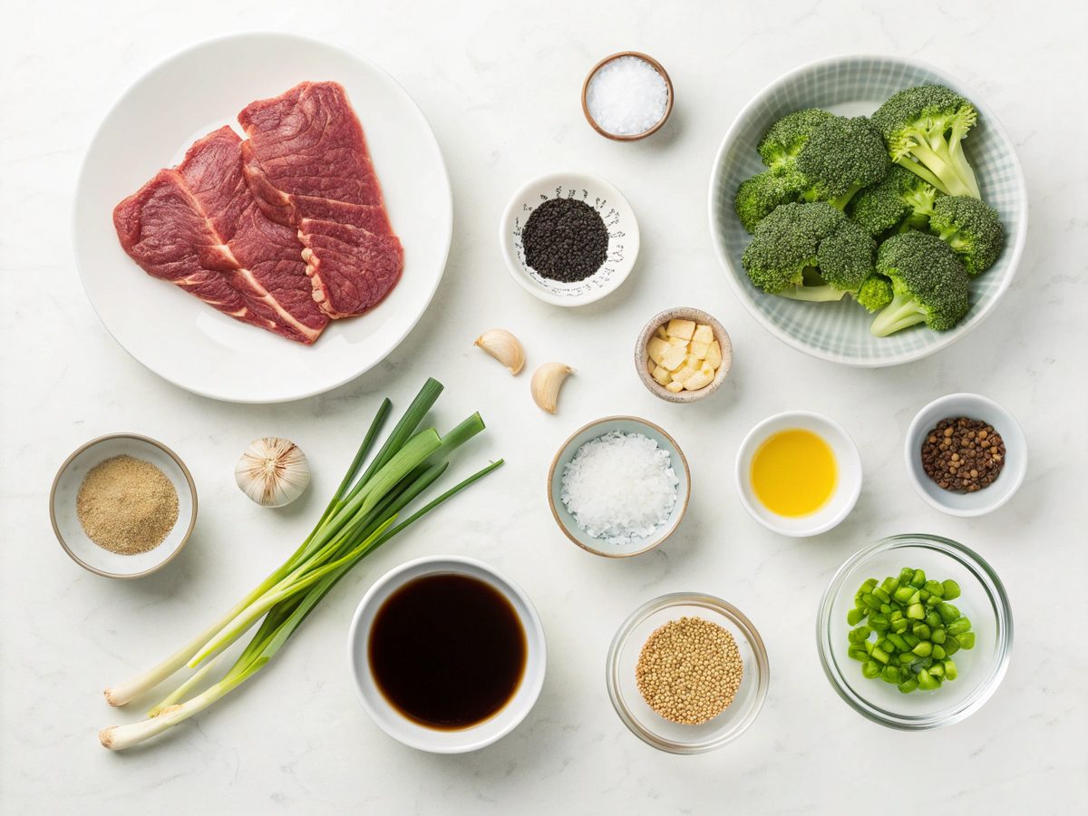 Beef and broccoli recipe ingredients on a kitchen counter for easy preparation.