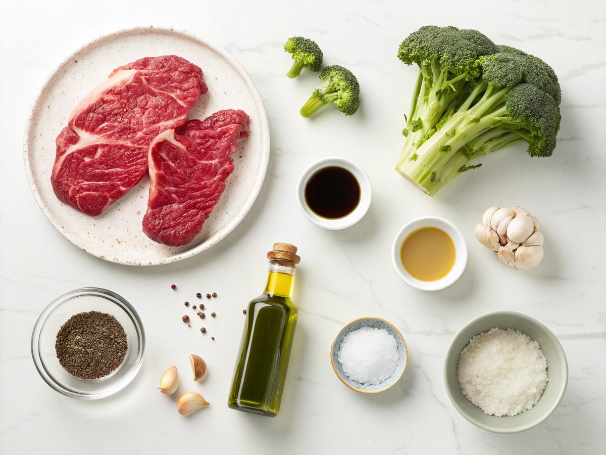 A display of ingredients needed for the beef and broccoli recipe