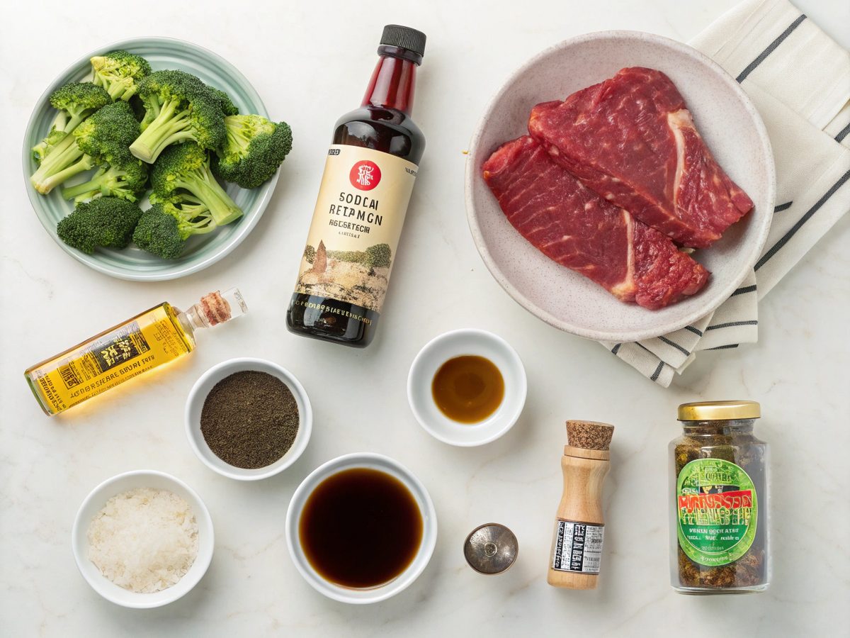 Ingredients for beef and broccoli stir fry laid out on a countertop